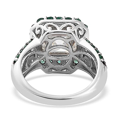Asscher Cut Moissanite and Emerald Ring in Platinum Over Sterling Silver (Size 10.0) 8.90 ctw