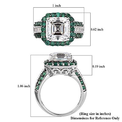 Asscher Cut Moissanite and Emerald Ring in Platinum Over Sterling Silver (Size 10.0) 8.90 ctw