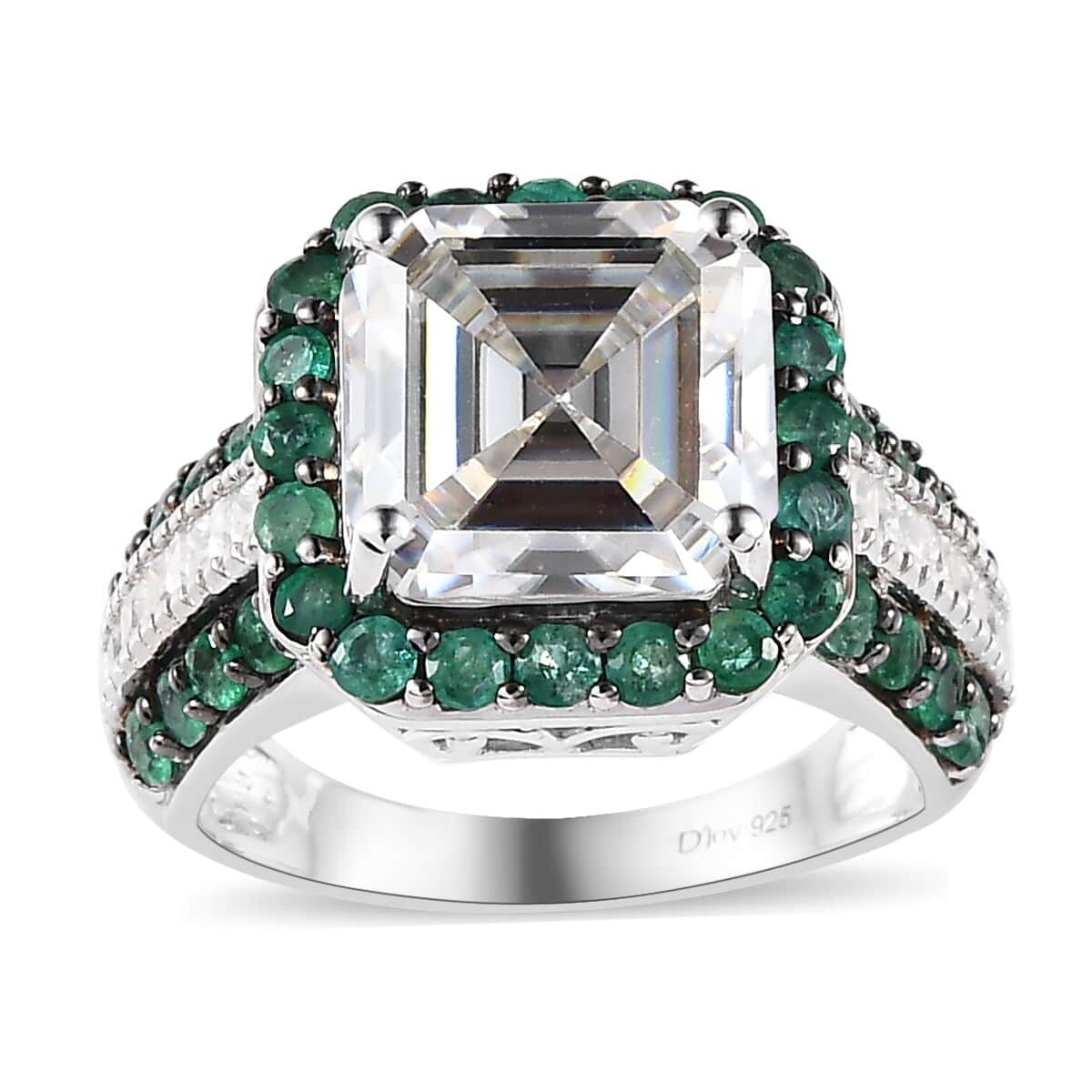 Asscher Cut Moissanite and Emerald Ring in Platinum Over Sterling Silver (Size 7.0) 8.90 ctw image number 0