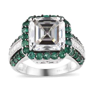 Asscher Cut Moissanite and Emerald Ring in Platinum Over Sterling Silver (Size 7.0) 8.90 ctw
