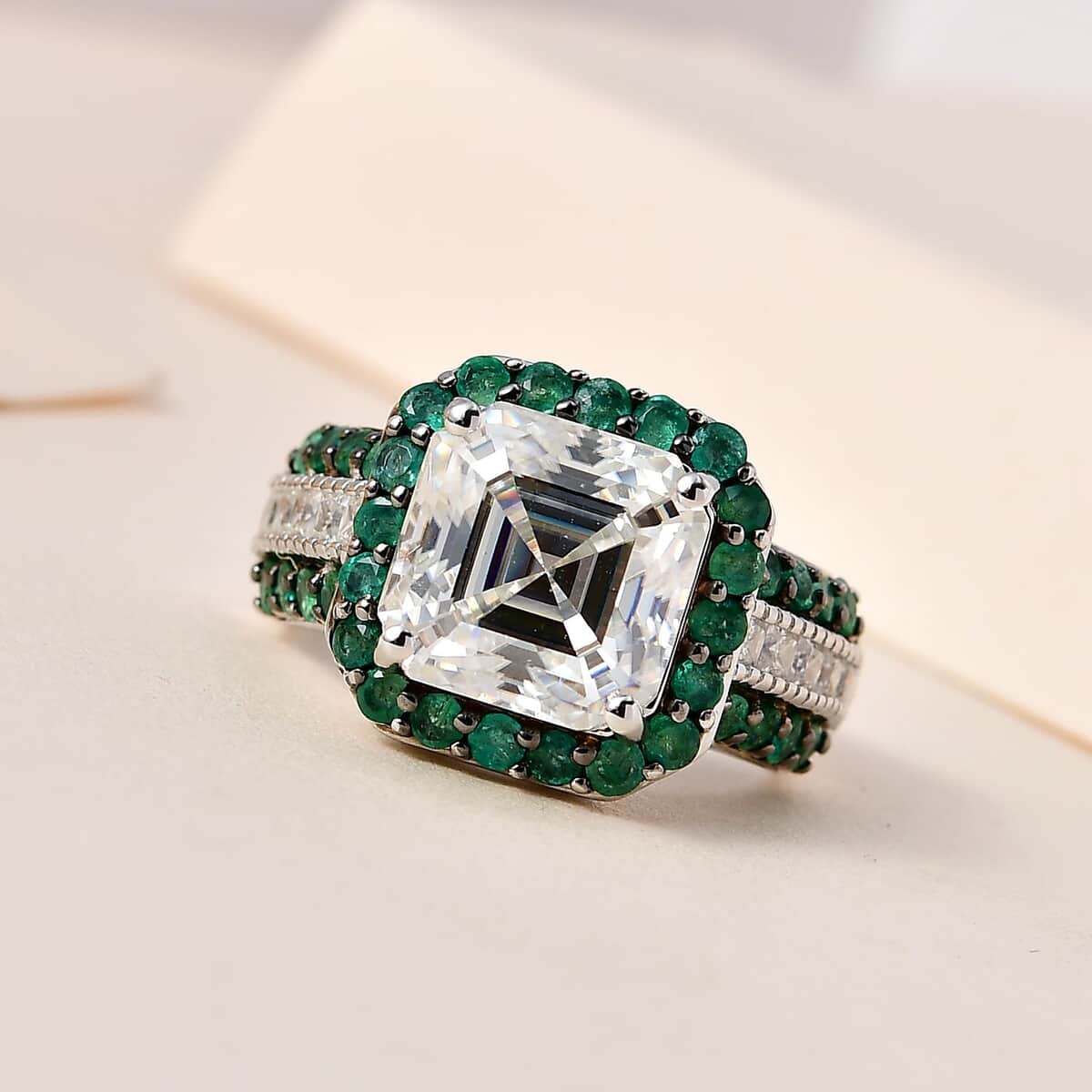 Asscher Cut Moissanite and Emerald Ring in Platinum Over Sterling Silver (Size 7.0) 8.90 ctw image number 1