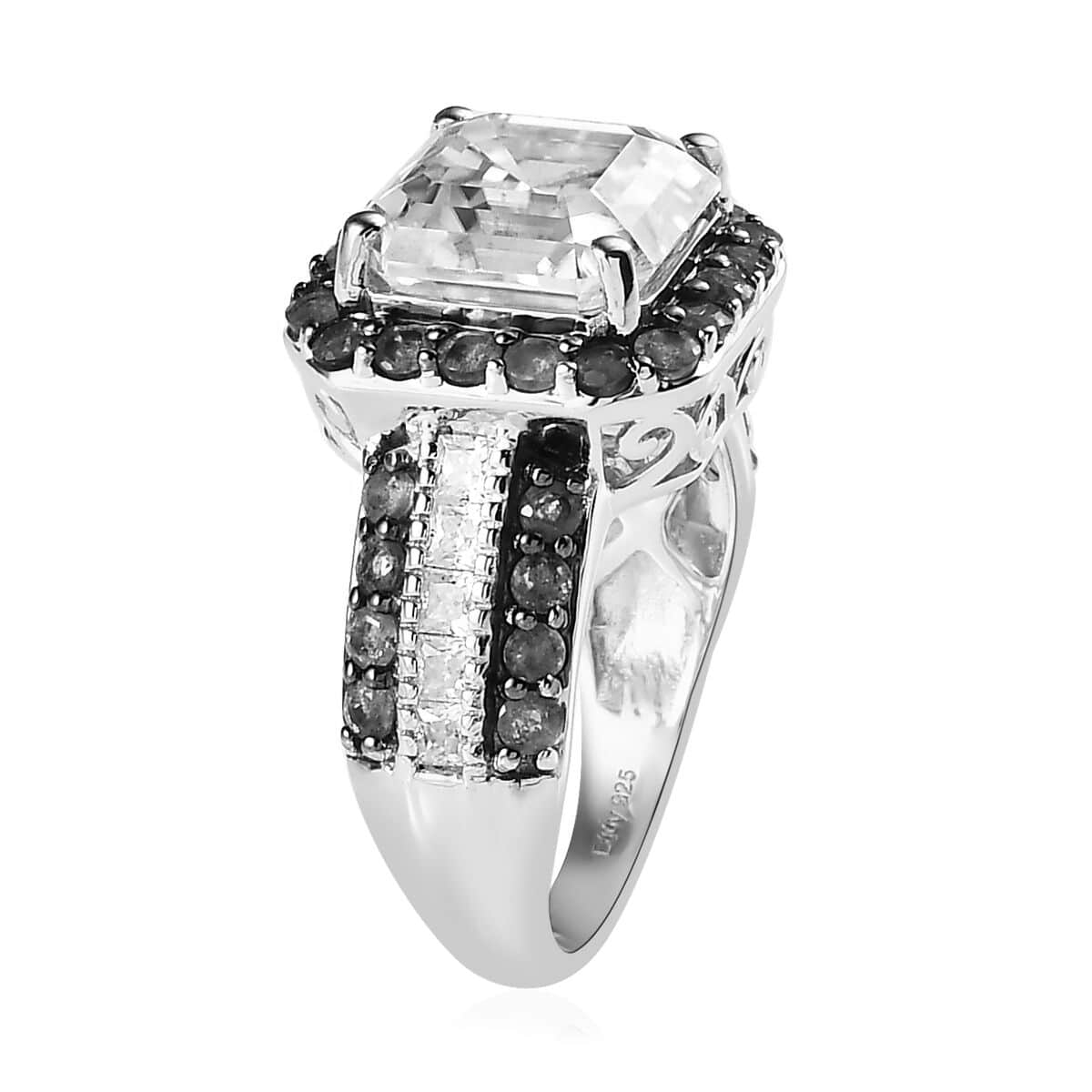 Asscher Cut Moissanite and Emerald Ring in Platinum Over Sterling Silver (Size 7.0) 8.90 ctw image number 3