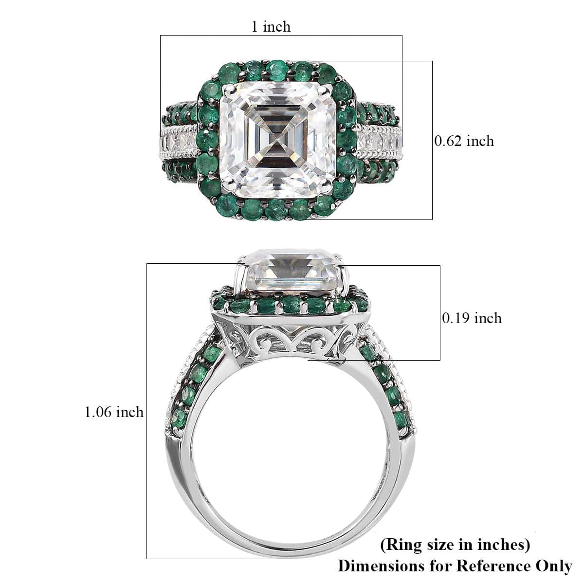 Asscher Cut Moissanite and Emerald Ring in Platinum Over Sterling Silver (Size 7.0) 8.90 ctw image number 5