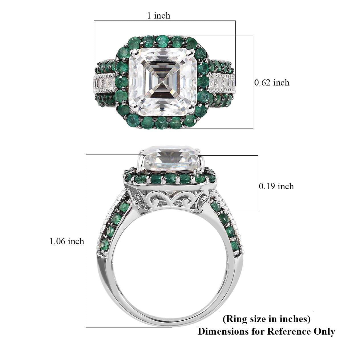 Asscher Cut Moissanite and Sapphire Ring in Platinum Over Sterling Silver (Size 9.0) 8.90 ctw image number 5