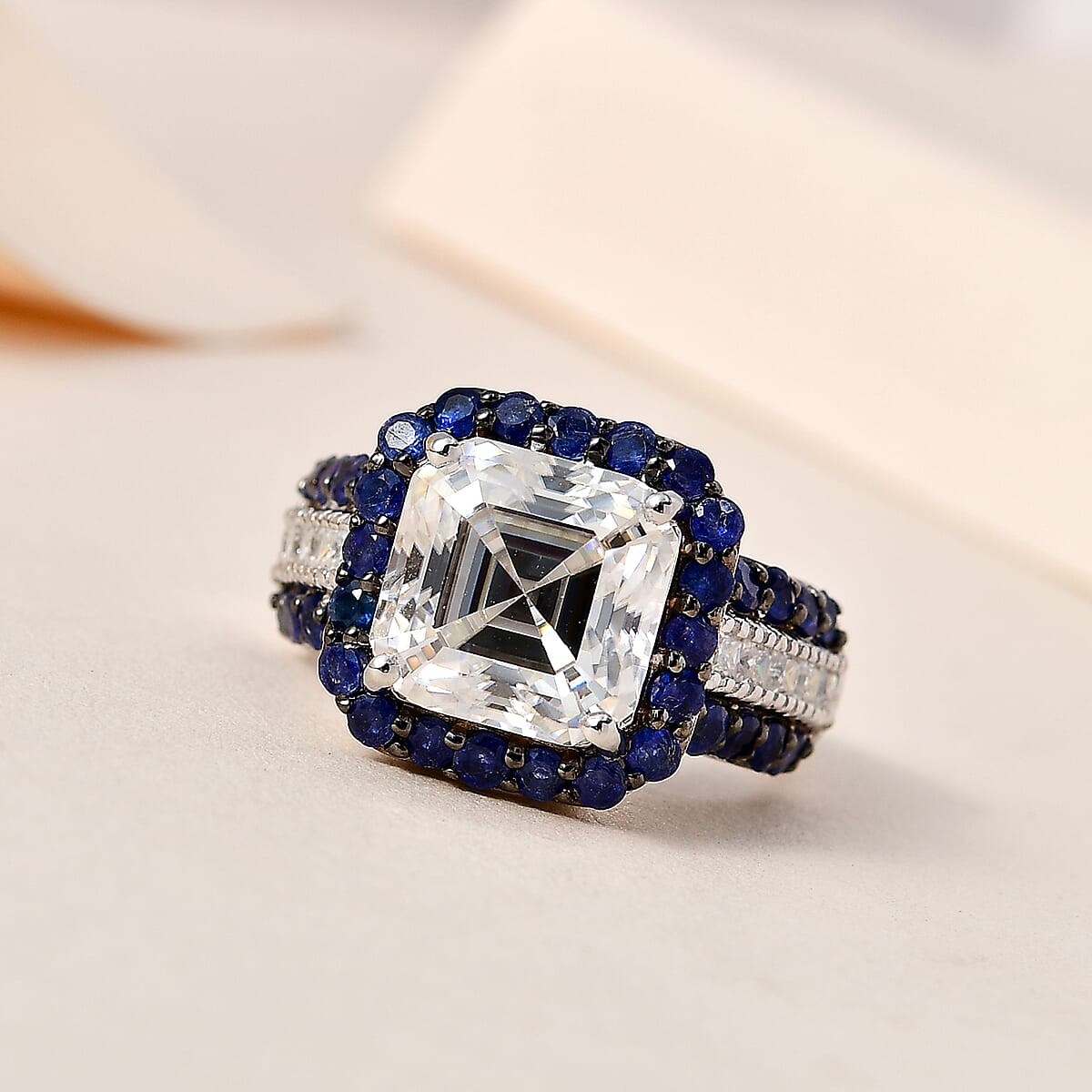 Asscher Cut Moissanite (Oct 10x10mm), Sapphire Ring in Platinum Over Sterling Silver (Size 5.0) 8.90 ctw image number 1