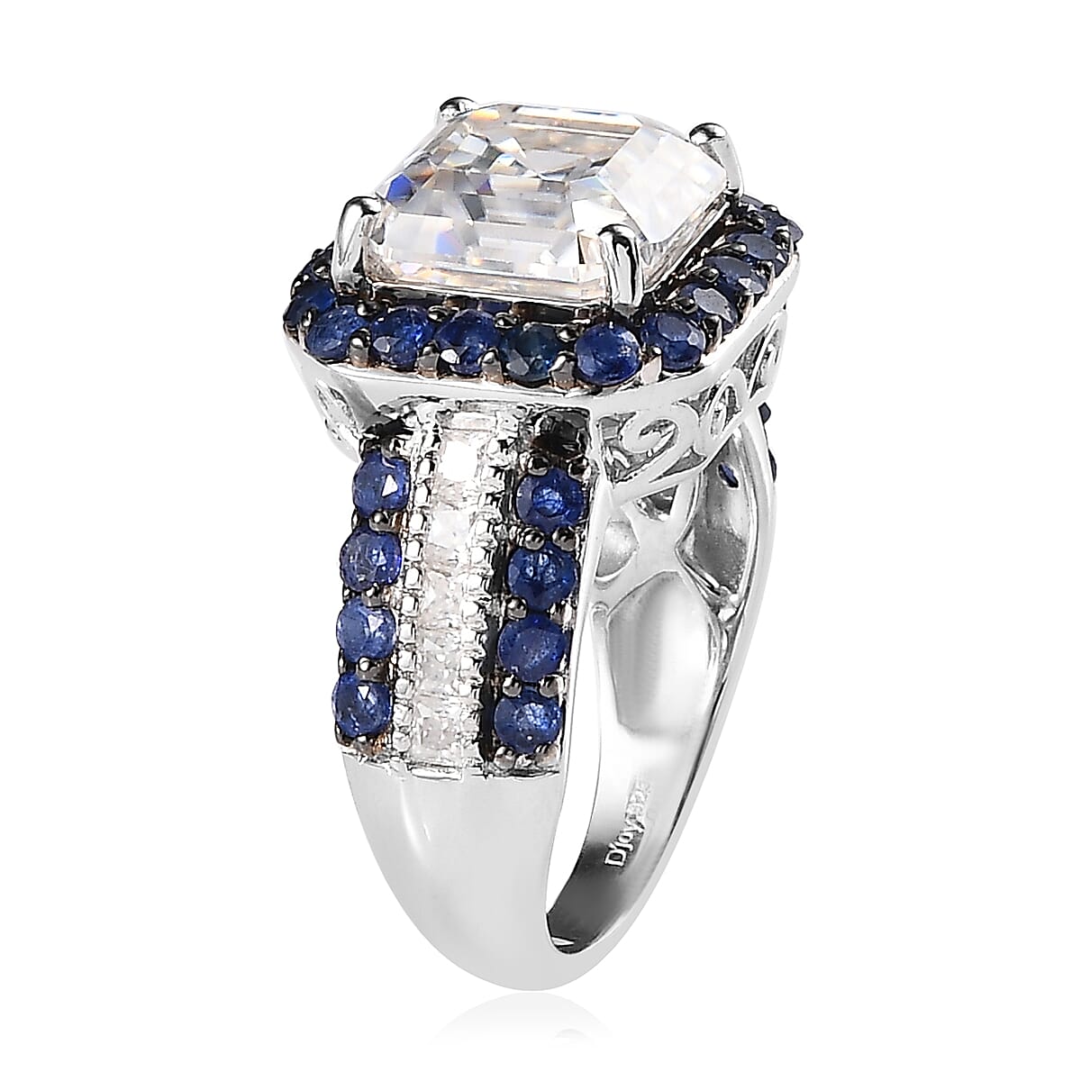 Asscher Cut Moissanite (Oct 10x10mm), Sapphire Ring in Platinum Over Sterling Silver (Size 5.0) 8.90 ctw image number 3