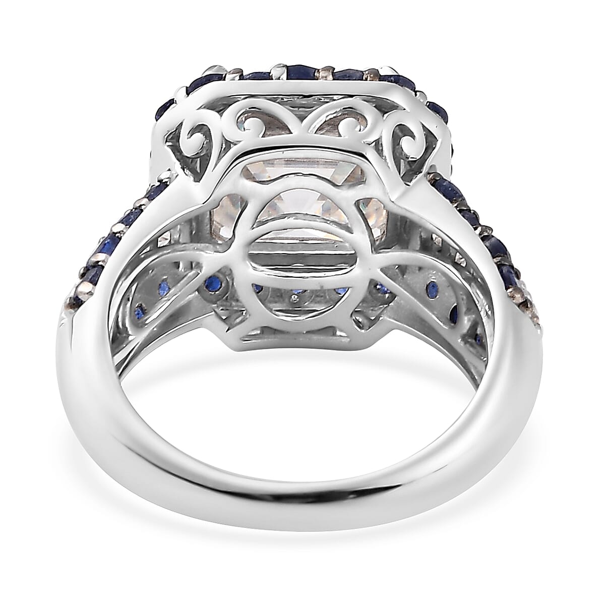 Asscher Cut Moissanite (Oct 10x10mm), Sapphire Ring in Platinum Over Sterling Silver (Size 5.0) 8.90 ctw image number 4