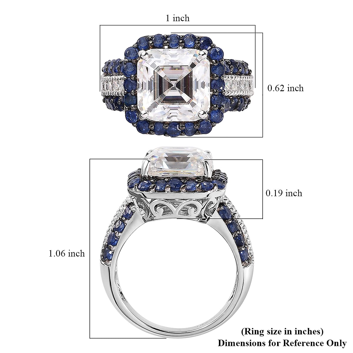 Asscher Cut Moissanite (Oct 10x10mm), Sapphire Ring in Platinum Over Sterling Silver (Size 5.0) 8.90 ctw image number 5