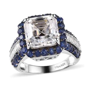 Asscher Cut Moissanite and Sapphire Ring in Platinum Over Sterling Silver (Size 7.0) 8.90 ctw