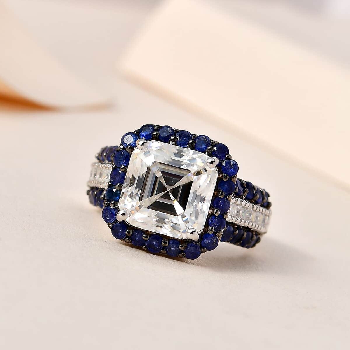 Asscher Cut Moissanite and Sapphire Ring in Platinum Over Sterling Silver (Size 7.0) 8.90 ctw image number 1