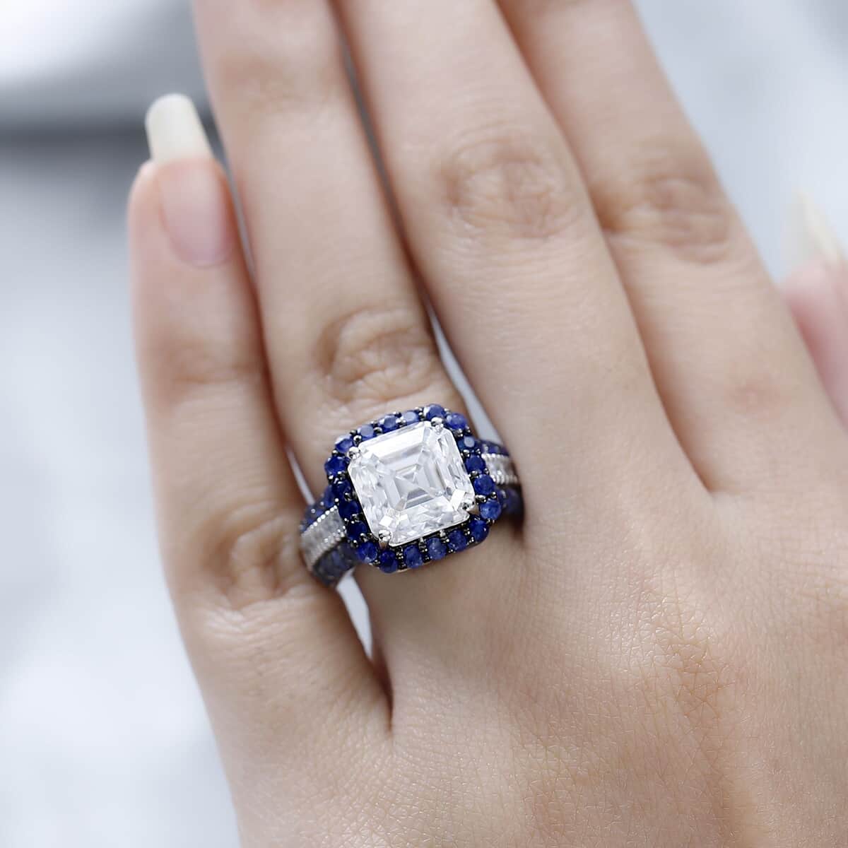 Asscher Cut Moissanite and Sapphire Ring in Platinum Over Sterling Silver (Size 7.0) 8.90 ctw image number 2