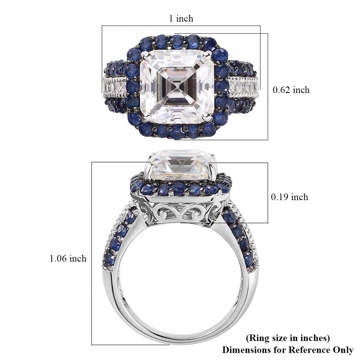 Asscher Cut Moissanite and Sapphire Ring in Platinum Over Sterling Silver (Size 7.0) 8.90 ctw image number 5