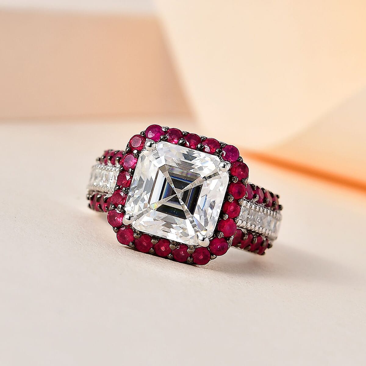 Asscher Cut Moissanite and Ruby Ring in Platinum Over Sterling Silver (Size 8.0) 8.90 ctw image number 1