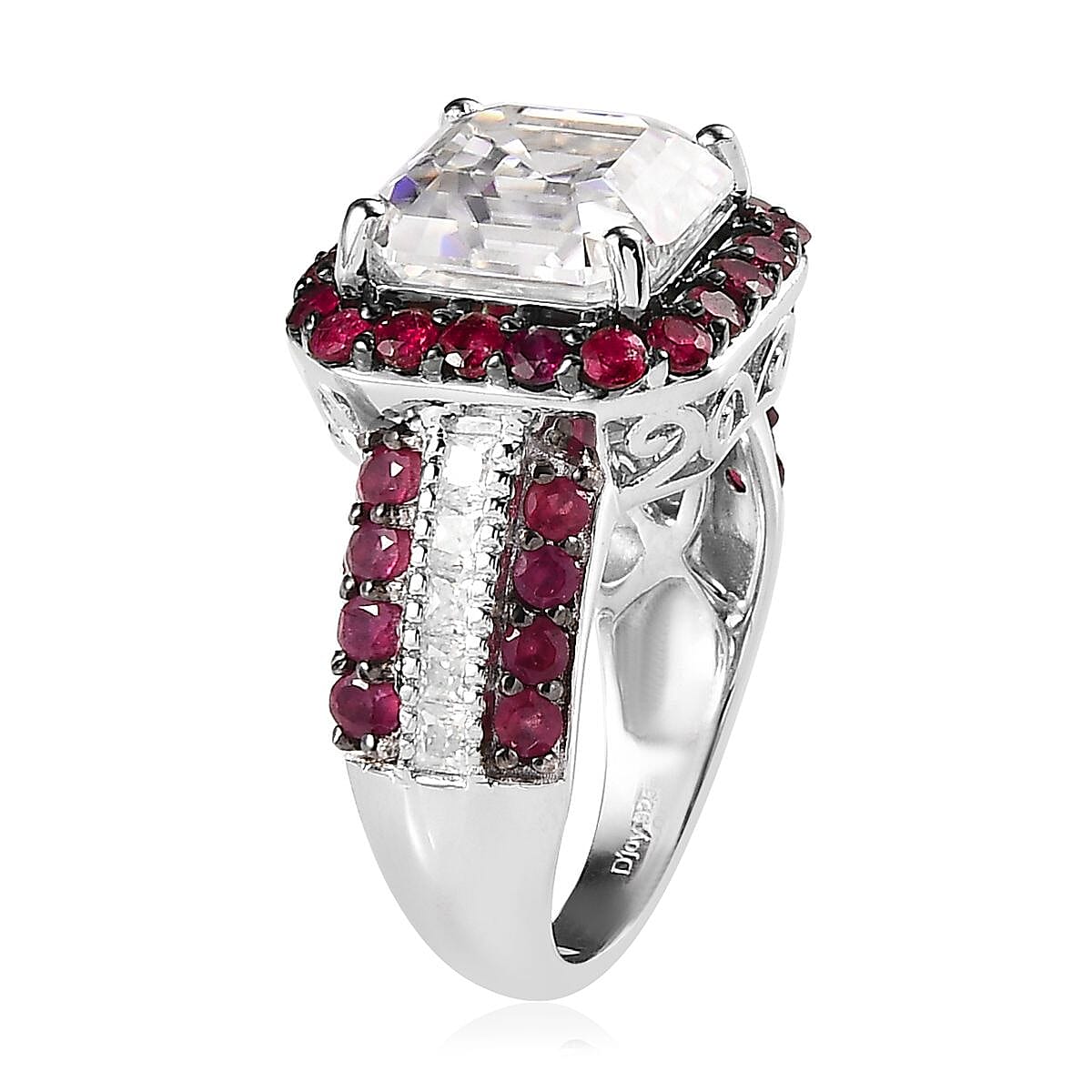 Asscher Cut Moissanite and Ruby Ring in Platinum Over Sterling Silver (Size 8.0) 8.90 ctw image number 3