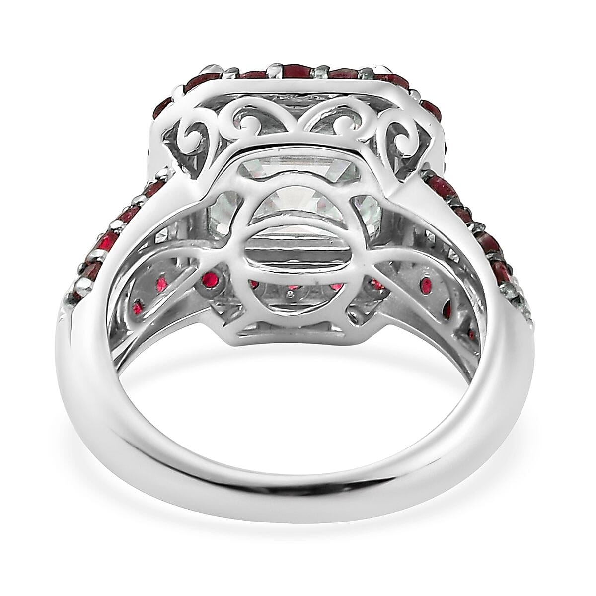 Asscher Cut Moissanite and Ruby Ring in Platinum Over Sterling Silver (Size 8.0) 8.90 ctw image number 4