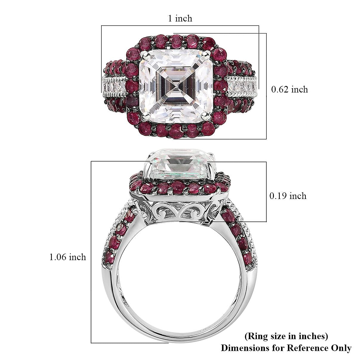 Asscher Cut Moissanite and Ruby Ring in Platinum Over Sterling Silver (Size 8.0) 8.90 ctw image number 5