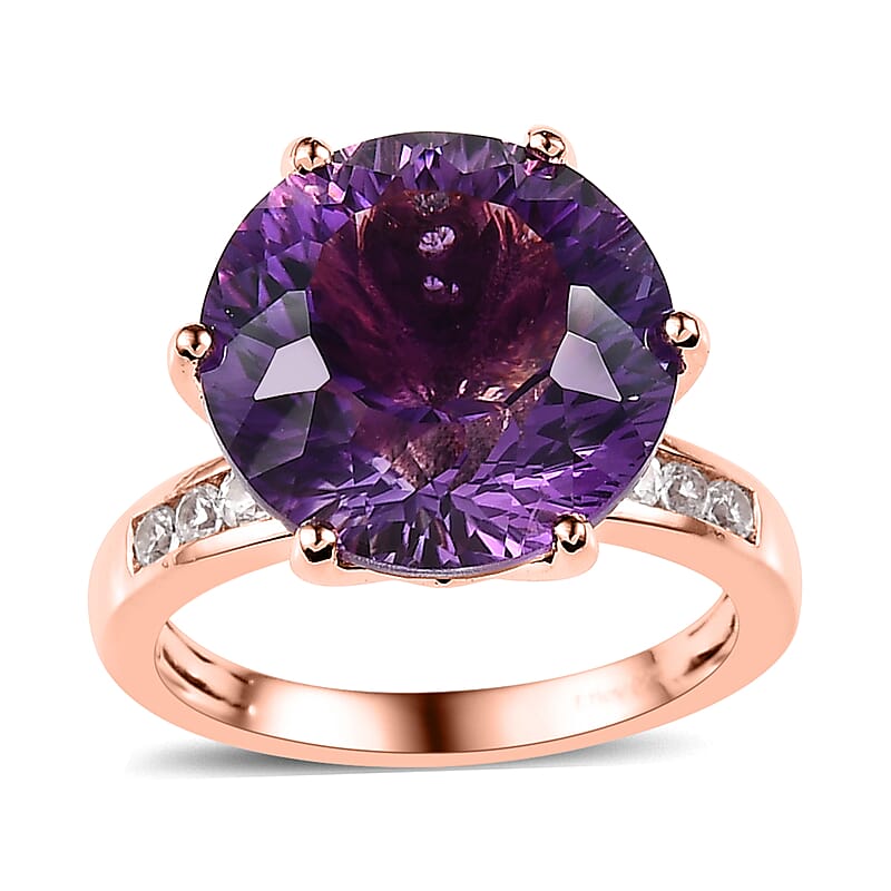 Millennium Cut African Amethyst, White Zircon Ring in Vermeil RG Over Sterling Silver (Size 10.0) 10.60 ctw