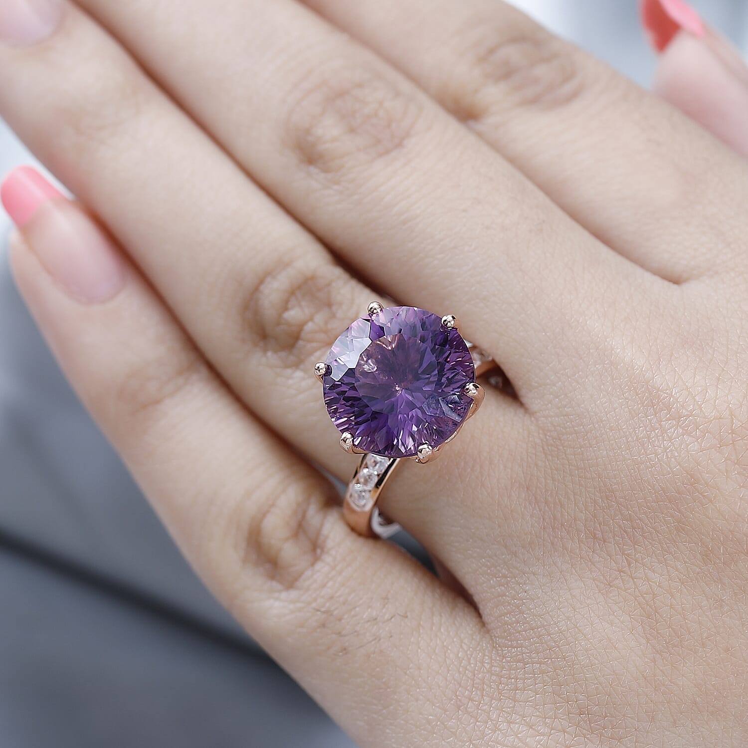 Millennium Cut African Amethyst, White Zircon Ring in Vermeil RG Over Sterling Silver (Size 10.0) 10.60 ctw