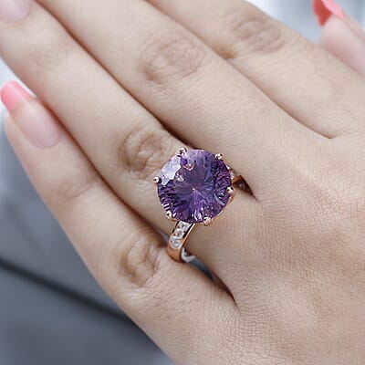 Millennium Cut African Amethyst, White Zircon Ring in Vermeil RG Over Sterling Silver (Size 10.0) 10.60 ctw