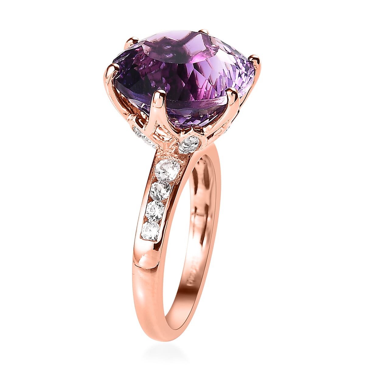 Millennium Cut African Amethyst, White Zircon Ring in Vermeil RG Over Sterling Silver (Size 10.0) 10.60 ctw