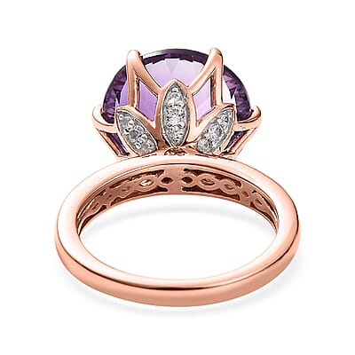 Millennium Cut African Amethyst, White Zircon Ring in Vermeil RG Over Sterling Silver (Size 10.0) 10.60 ctw