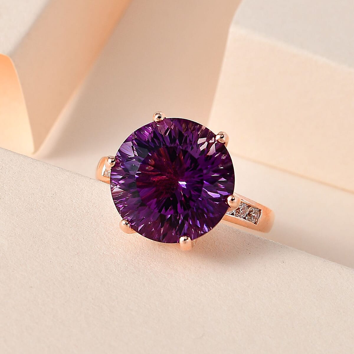 Millennium Cut African Amethyst Ring, White Zircon Accent Ring in Vermeil Rose Gold Over Sterling Silver, Amethyst Jewelry, Gifts For Her 10.60 ctw (Size 7.0) image number 1