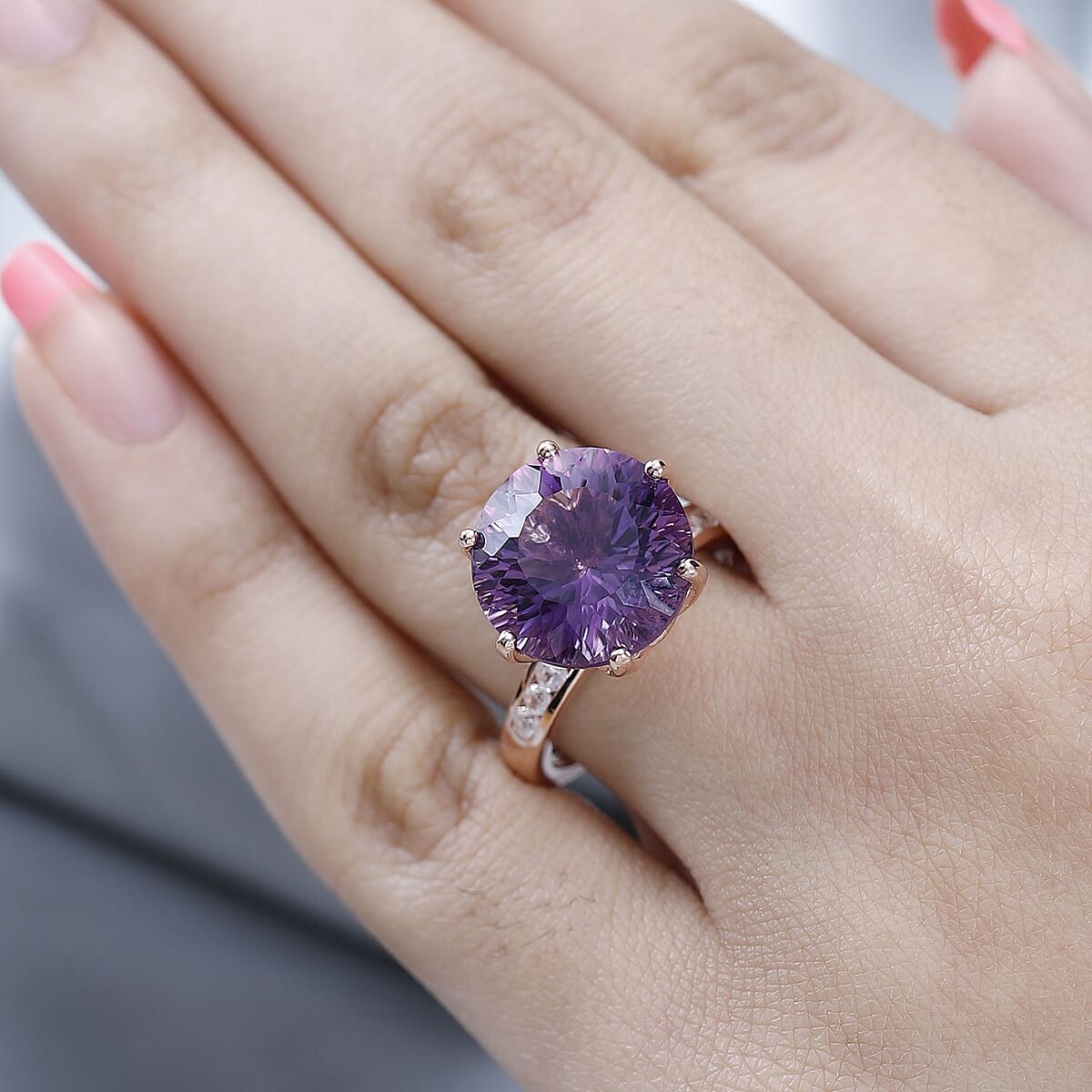 Millennium Cut African Amethyst Ring, White Zircon Accent Ring in Vermeil Rose Gold Over Sterling Silver, Amethyst Jewelry, Gifts For Her 10.60 ctw (Size 7.0) image number 2