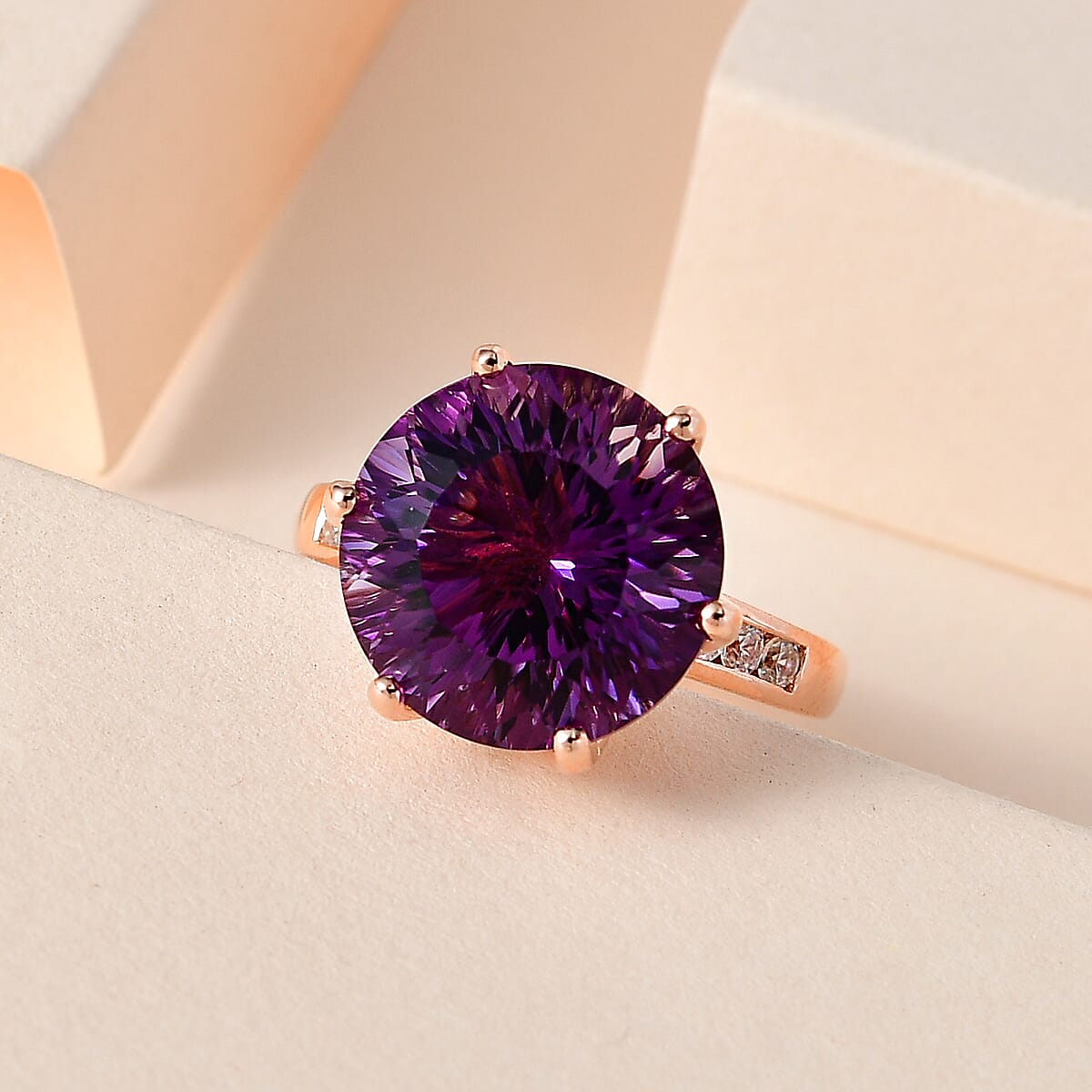 Millennium Cut African Amethyst Ring, White Zircon Accent Ring in Vermeil Rose Gold Over Sterling Silver, Amethyst Jewelry, Gifts For Her 10.60 ctw (Size 8.0) image number 1