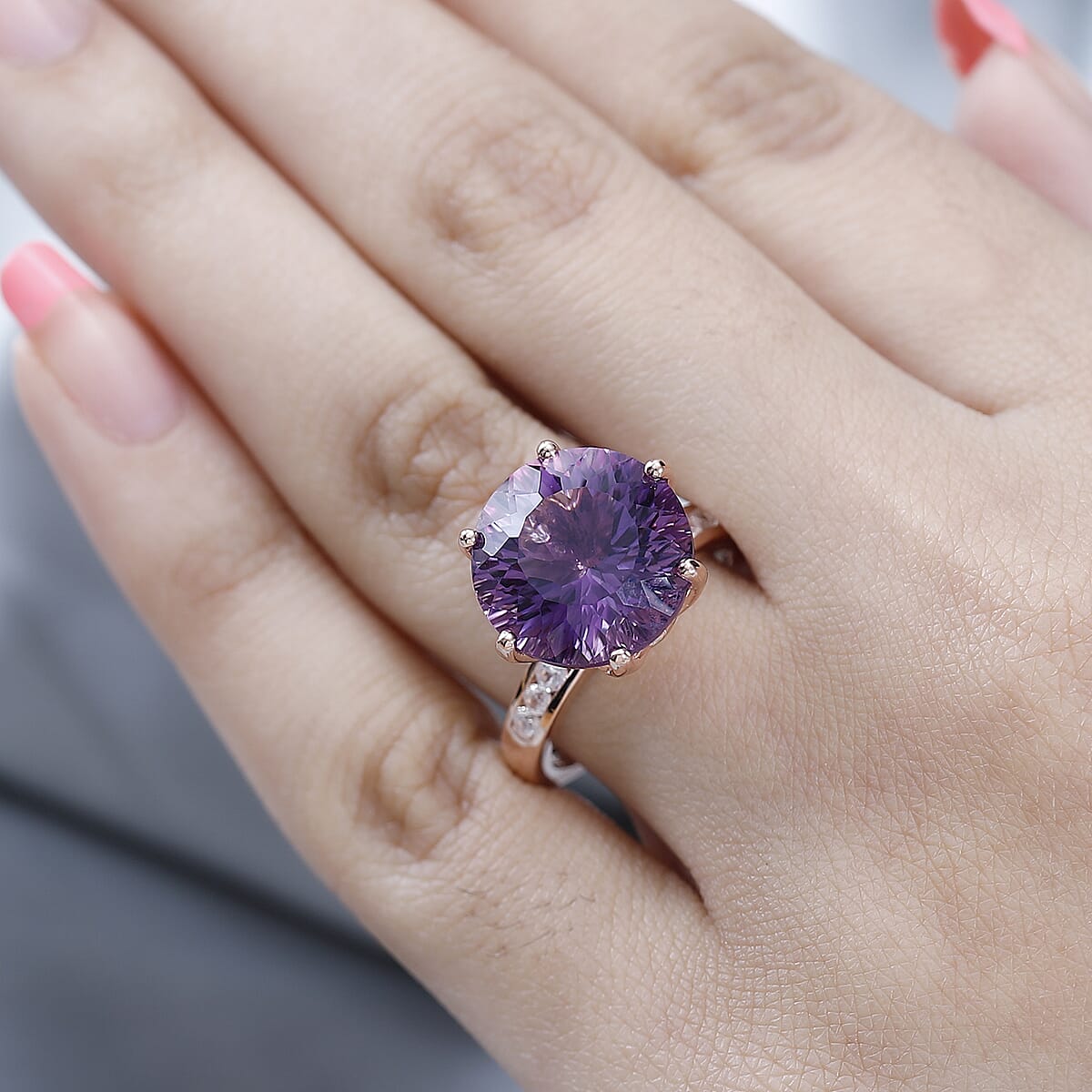 Millennium Cut African Amethyst Ring, White Zircon Accent Ring in Vermeil Rose Gold Over Sterling Silver, Amethyst Jewelry, Gifts For Her 10.60 ctw (Size 8.0) image number 2