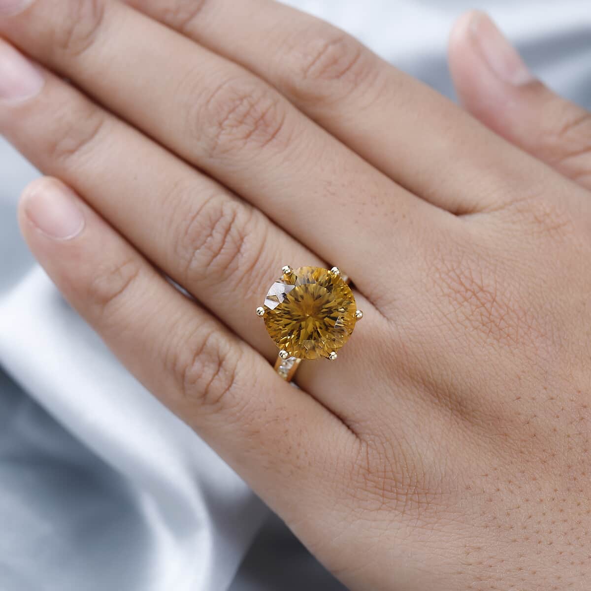 Millennium Cut Brazilian Citrine and White Zircon 9.70 ctw Accent Ring in Vermeil Yellow Gold Over Sterling Silver, Citrine Jewelry, Gifts For Her (Size 11.0) image number 2