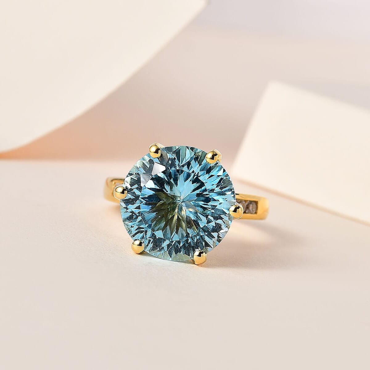 D'Joy Millennium Cut Sky Blue Topaz Ring, White Zircon Accent Ring in Vermeil YG Over Sterling Silver, Blue Topaz Jewelry, Gifts For Her 12.50 ctw (Size 8.0) image number 1