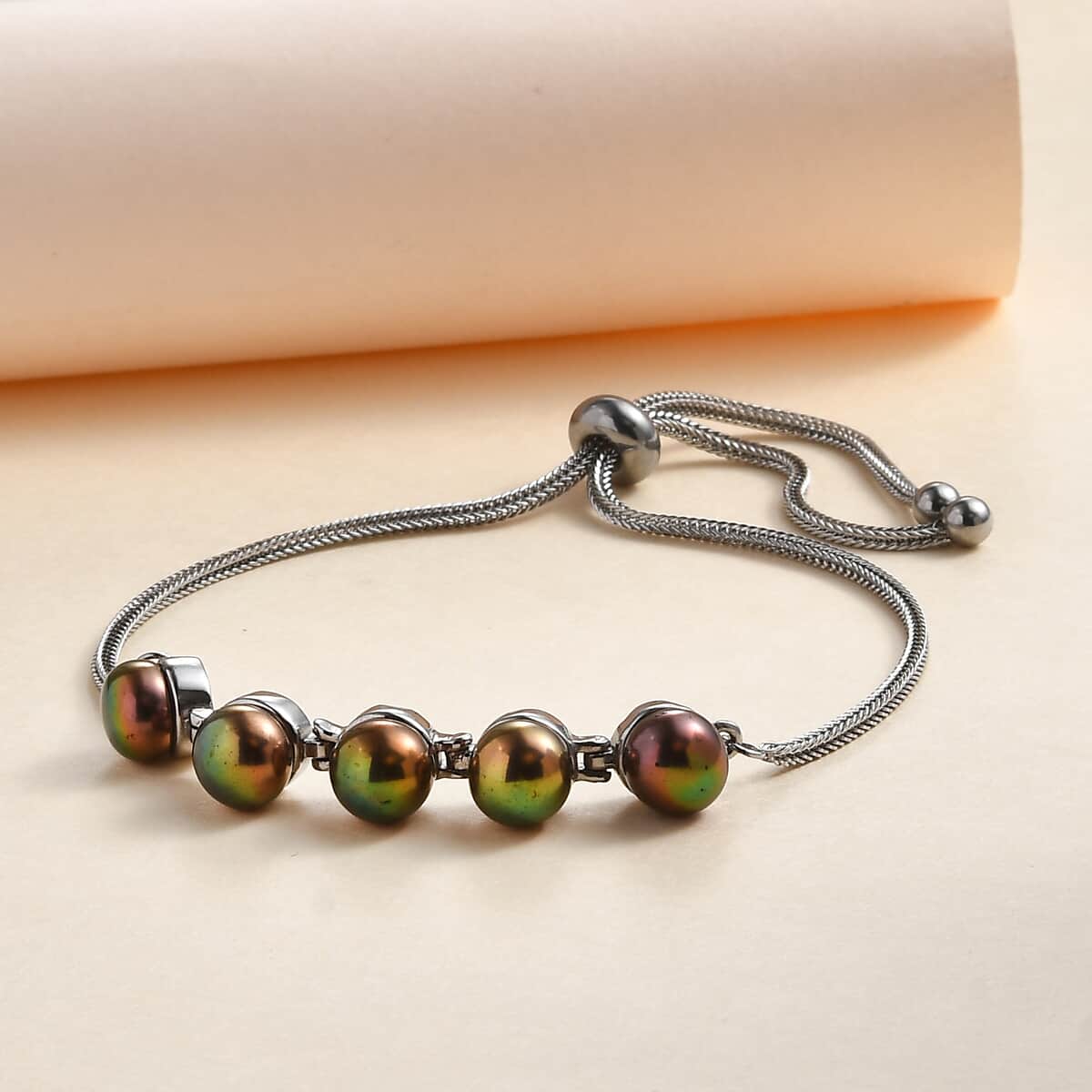 Bronze Freshwater Pearl Bolo Bracelet in Stainless Steel image number 1