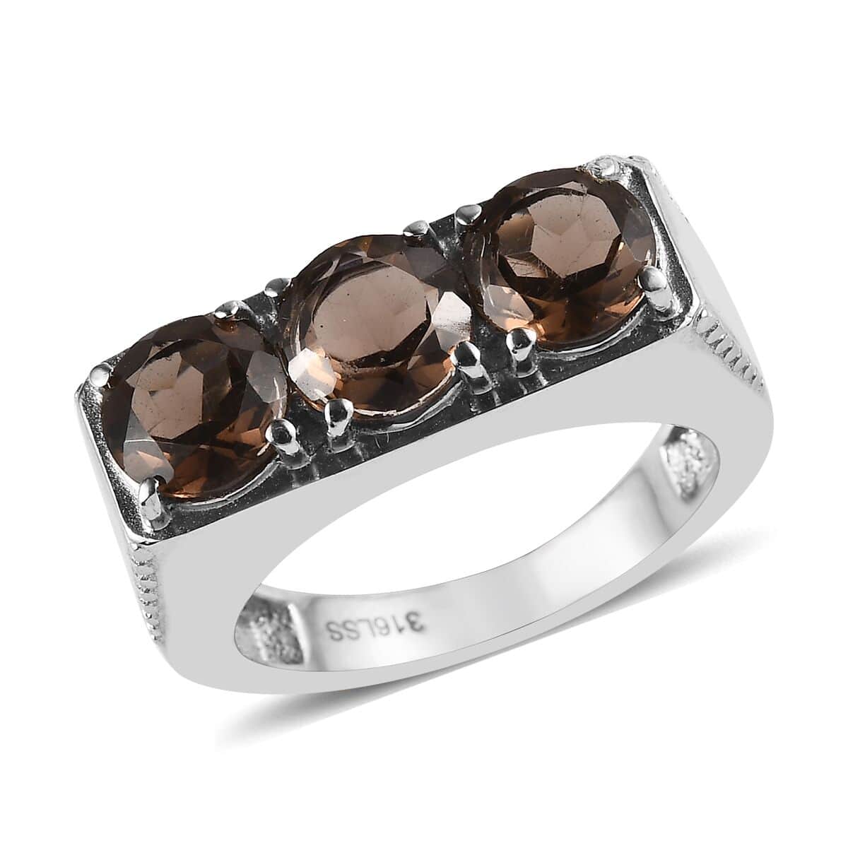 Brazilian Smoky Quartz 3 Stone Men's Ring in Stainless Steel (Size 10.0) 3.50 ctw image number 0