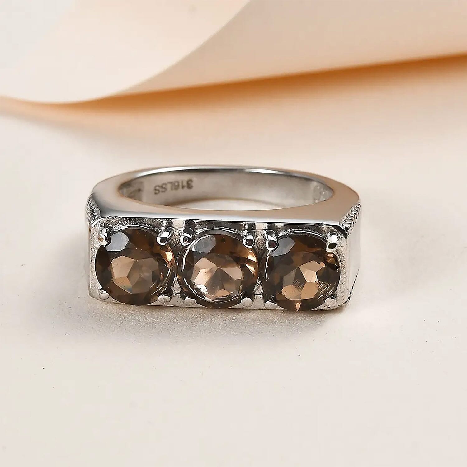 Brazilian Smoky Quartz 3 Stone Men's Ring in Stainless Steel (Size 10.0) 3.50 ctw