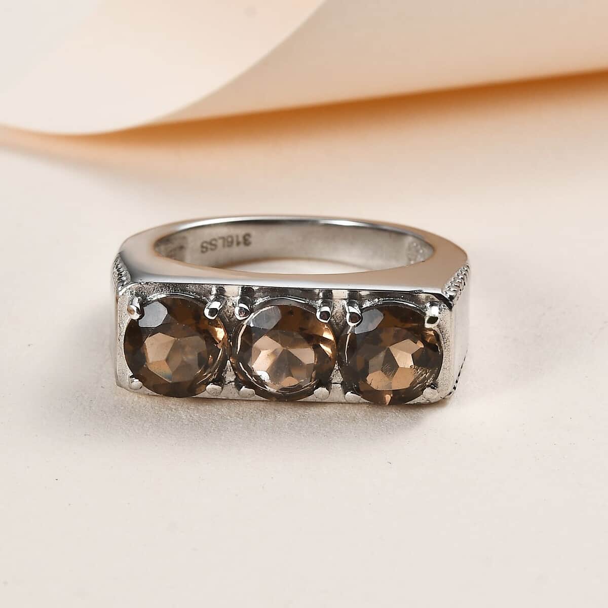 Brazilian Smoky Quartz 3 Stone Men's Ring in Stainless Steel (Size 10.0) 3.50 ctw image number 1