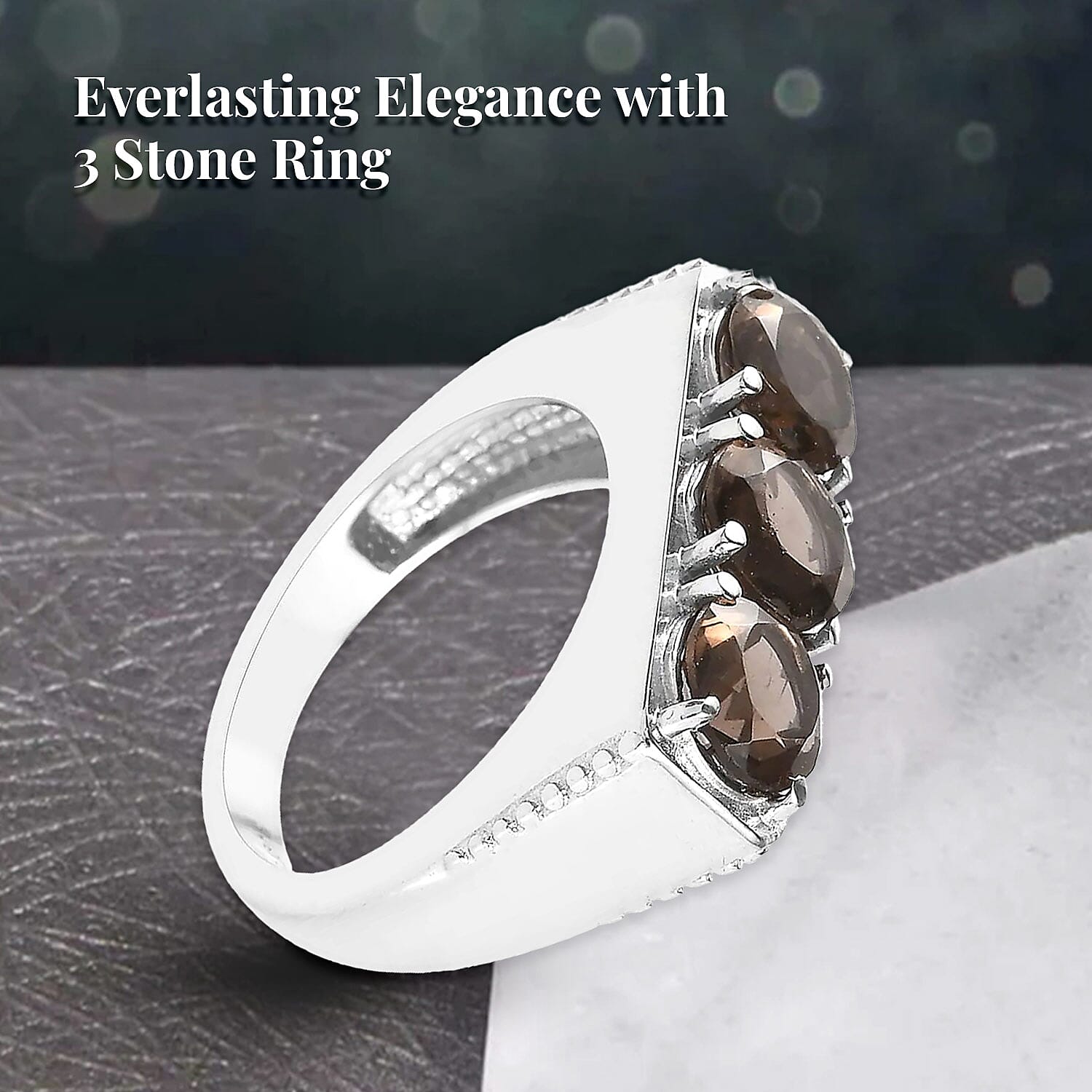 Brazilian Smoky Quartz 3 Stone Men's Ring in Stainless Steel (Size 10.0) 3.50 ctw