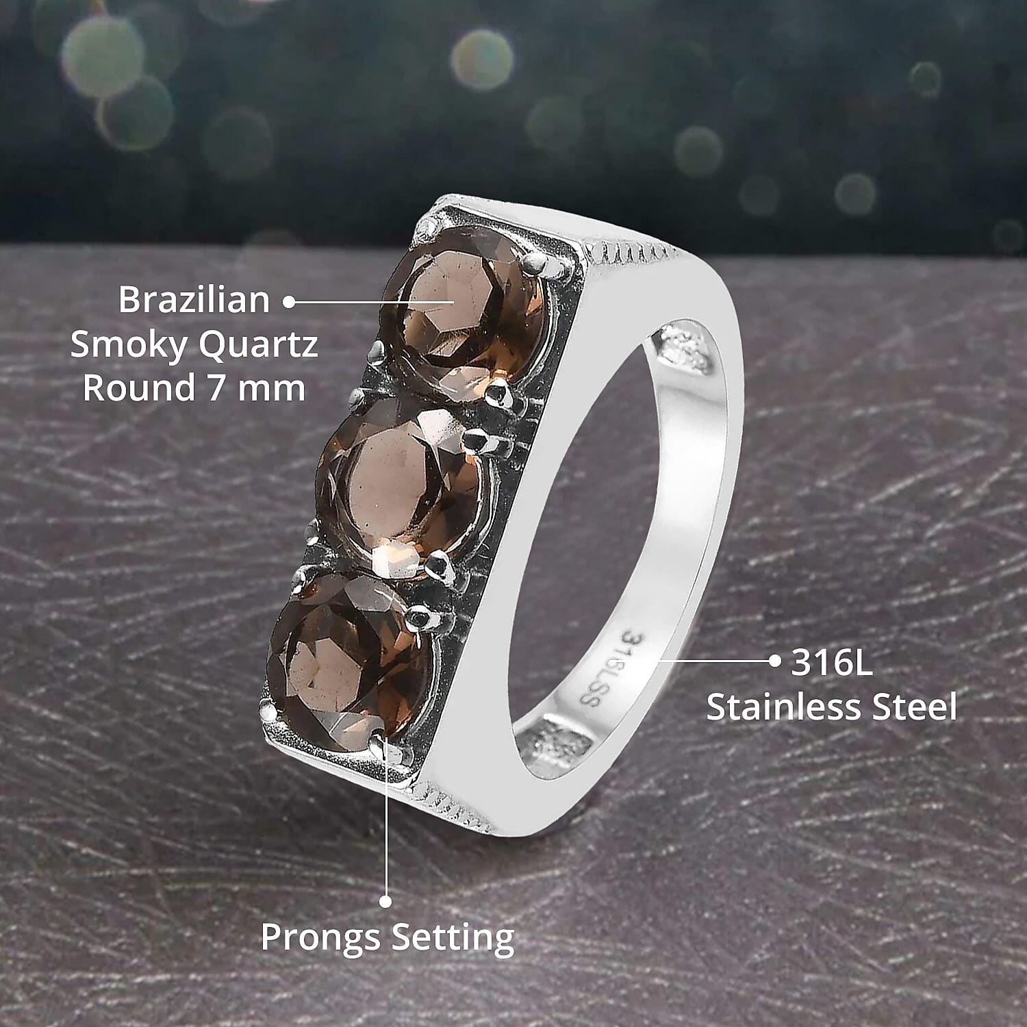 Brazilian Smoky Quartz 3 Stone Men's Ring in Stainless Steel (Size 10.0) 3.50 ctw