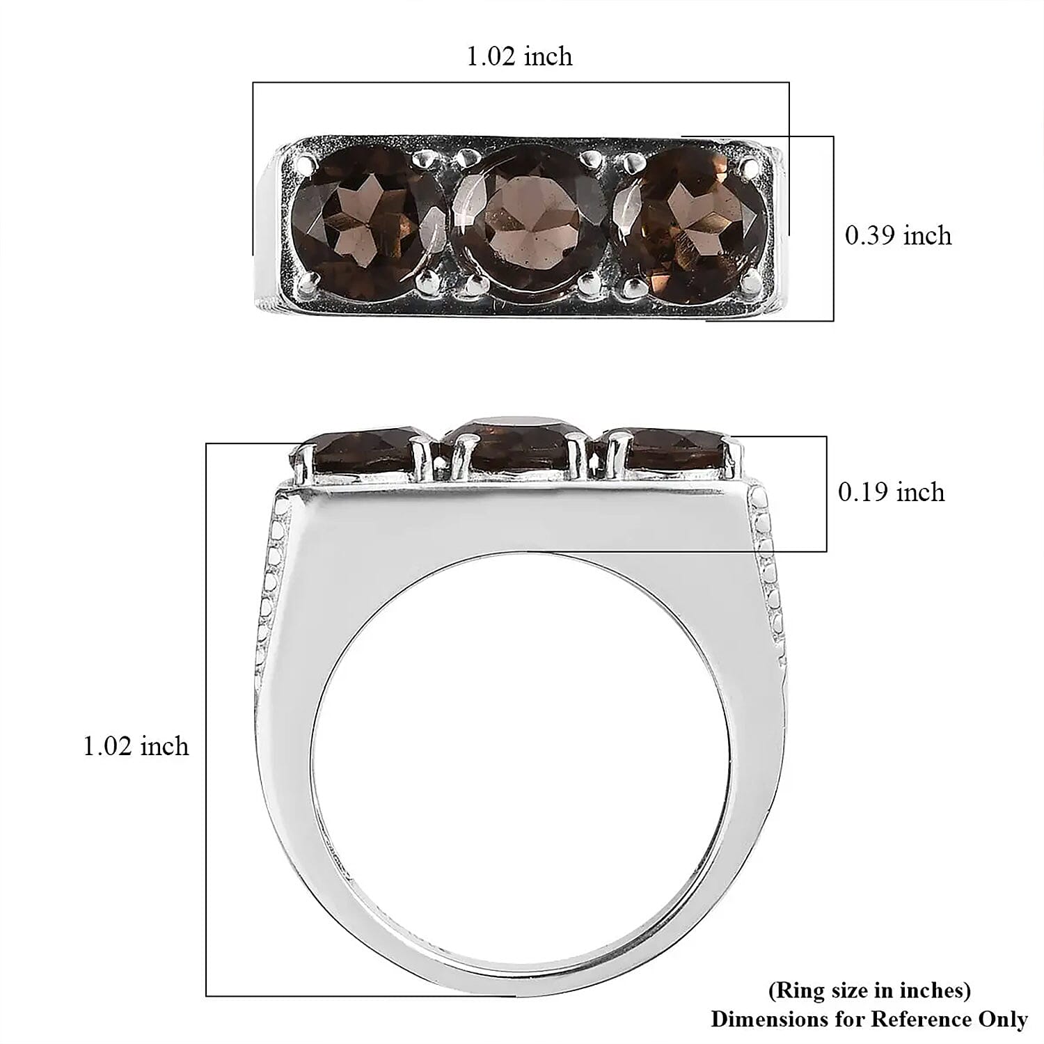 Brazilian Smoky Quartz 3 Stone Men's Ring in Stainless Steel (Size 10.0) 3.50 ctw
