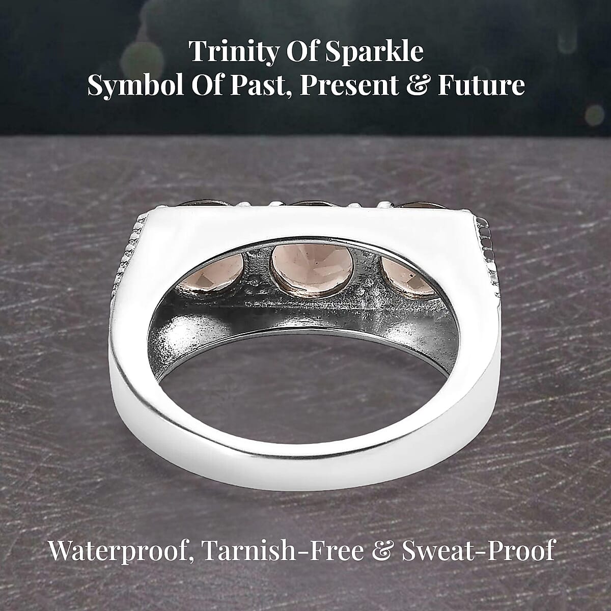 Brazilian Smoky Quartz 3 Stone Men's Ring in Stainless Steel (Size 12.0) 3.50 ctw image number 3