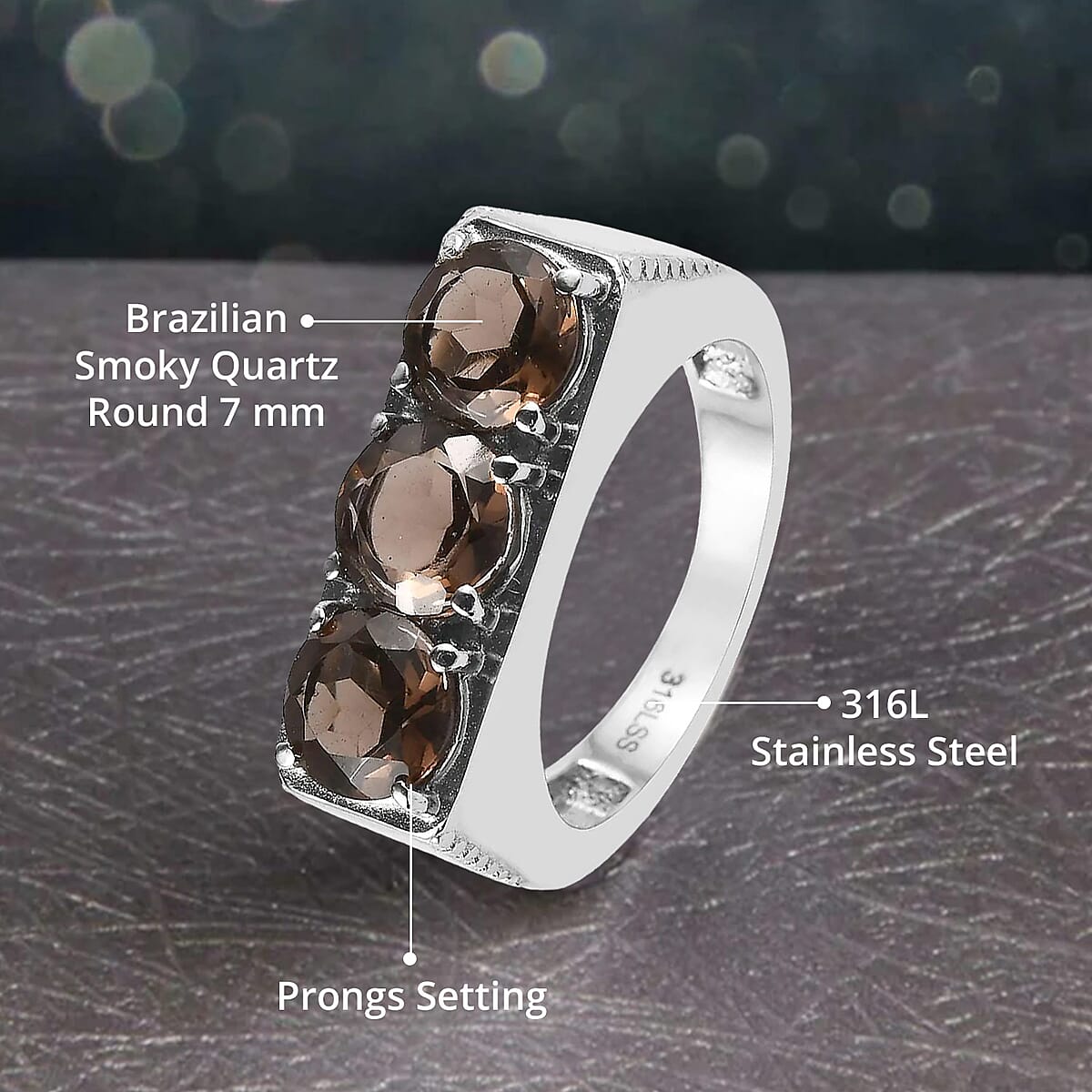 Brazilian Smoky Quartz 3 Stone Men's Ring in Stainless Steel (Size 12.0) 3.50 ctw image number 4