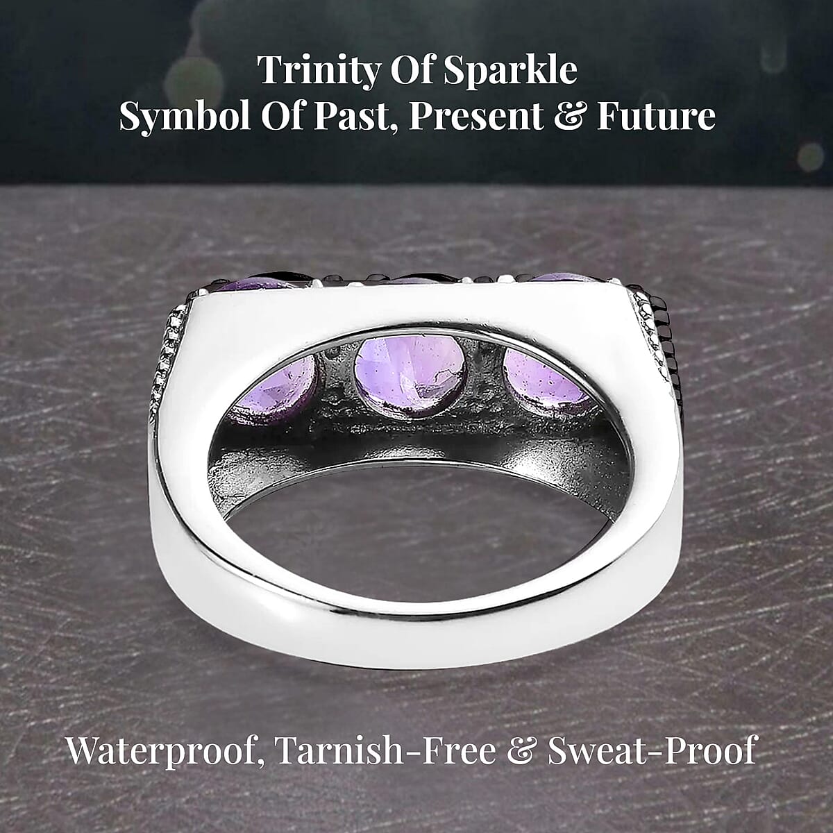 African Amethyst 3.40 ctw 3 Stone Men's Ring in Stainless Steel (Size 10.0) image number 3