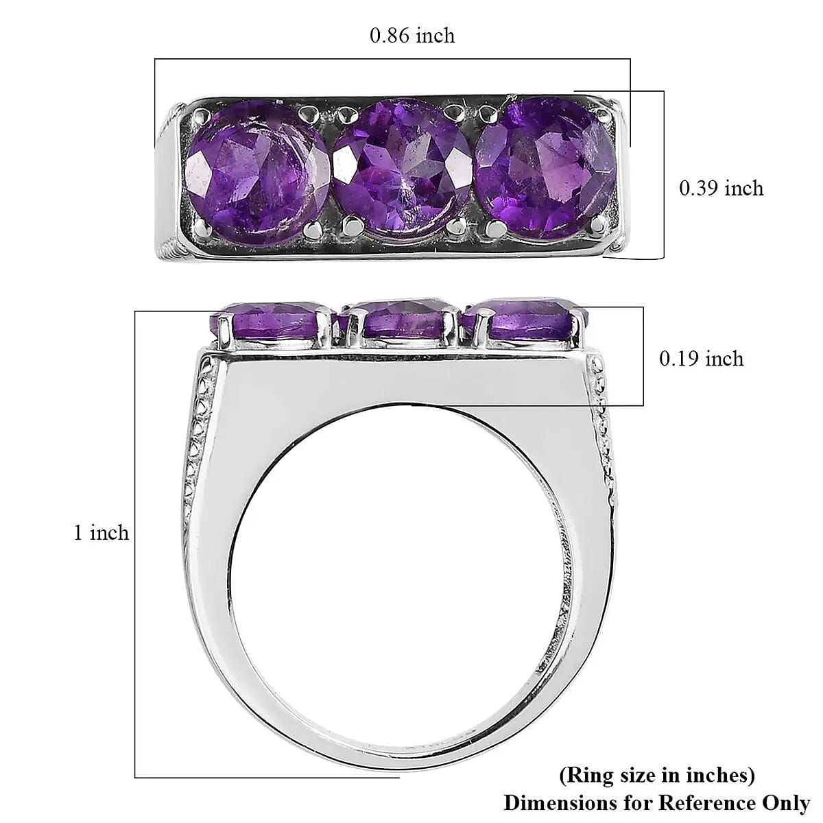 African Amethyst 3.40 ctw 3 Stone Men's Ring in Stainless Steel (Size 10.0) image number 6