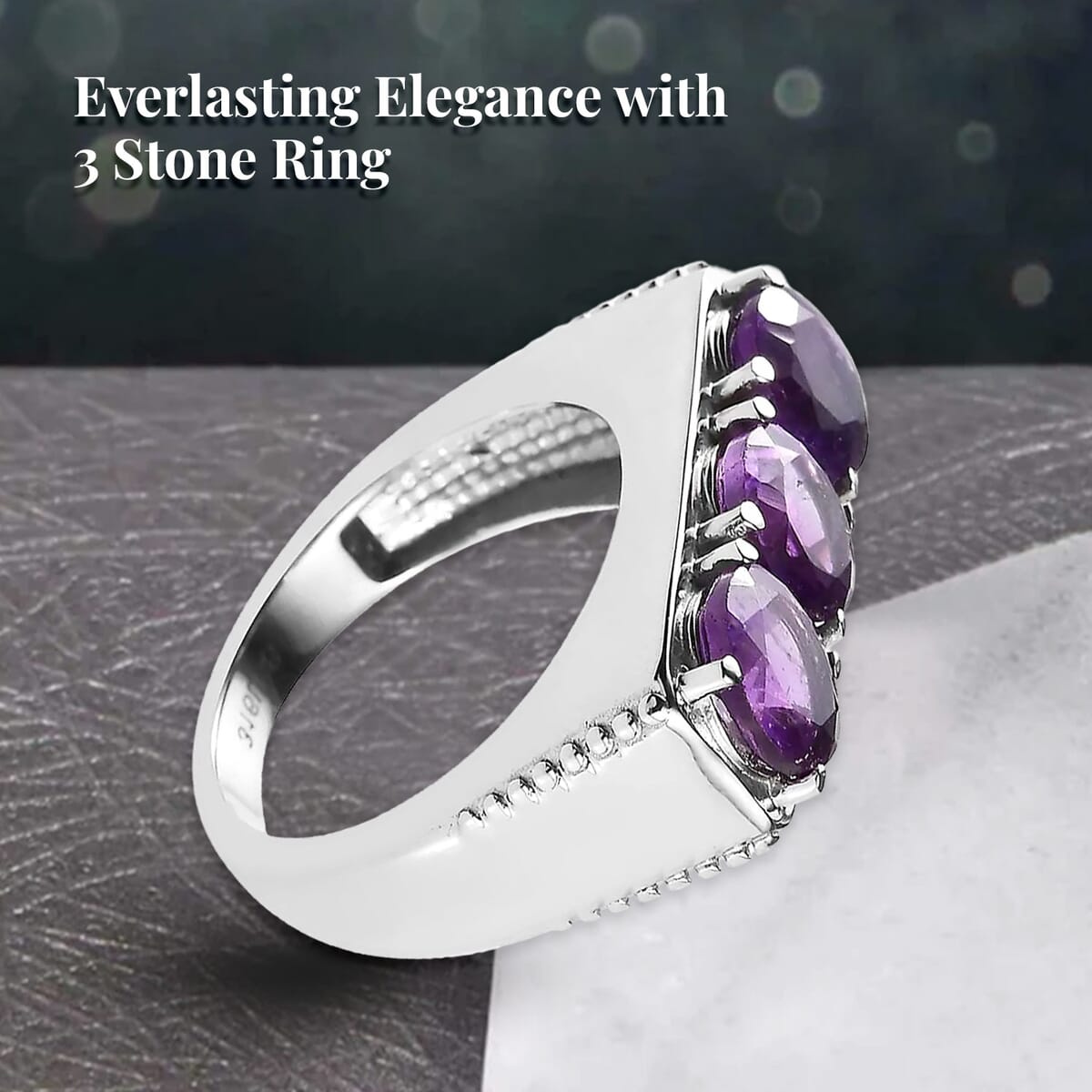 African Amethyst 3 Stone Men's Ring in Stainless Steel (Size 12.0) 3.40 ctw image number 2