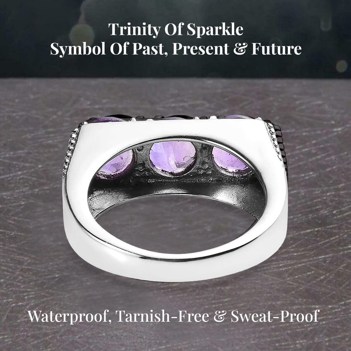 African Amethyst 3 Stone Men's Ring in Stainless Steel (Size 12.0) 3.40 ctw image number 3