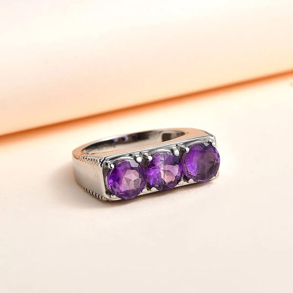 African Amethyst 3 Stone Men's Ring in Stainless Steel (Size 9.0) 3.40 ctw image number 1