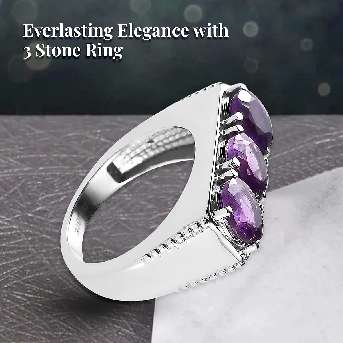 African Amethyst 3 Stone Men's Ring in Stainless Steel (Size 9.0) 3.40 ctw image number 2