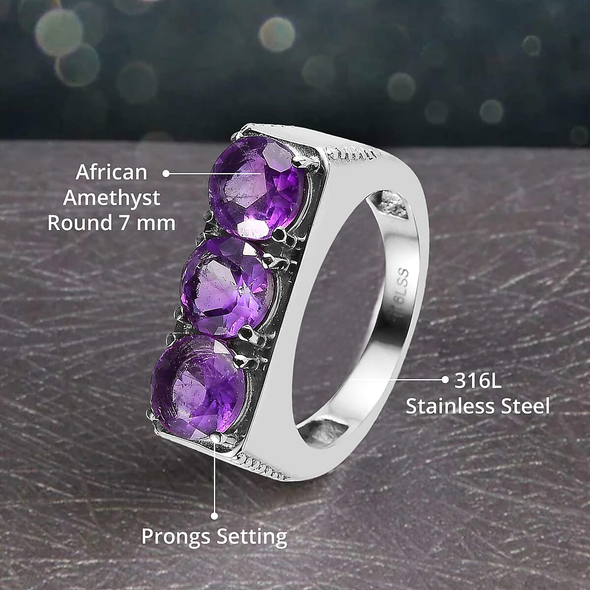 African Amethyst 3 Stone Men's Ring in Stainless Steel (Size 9.0) 3.40 ctw image number 4