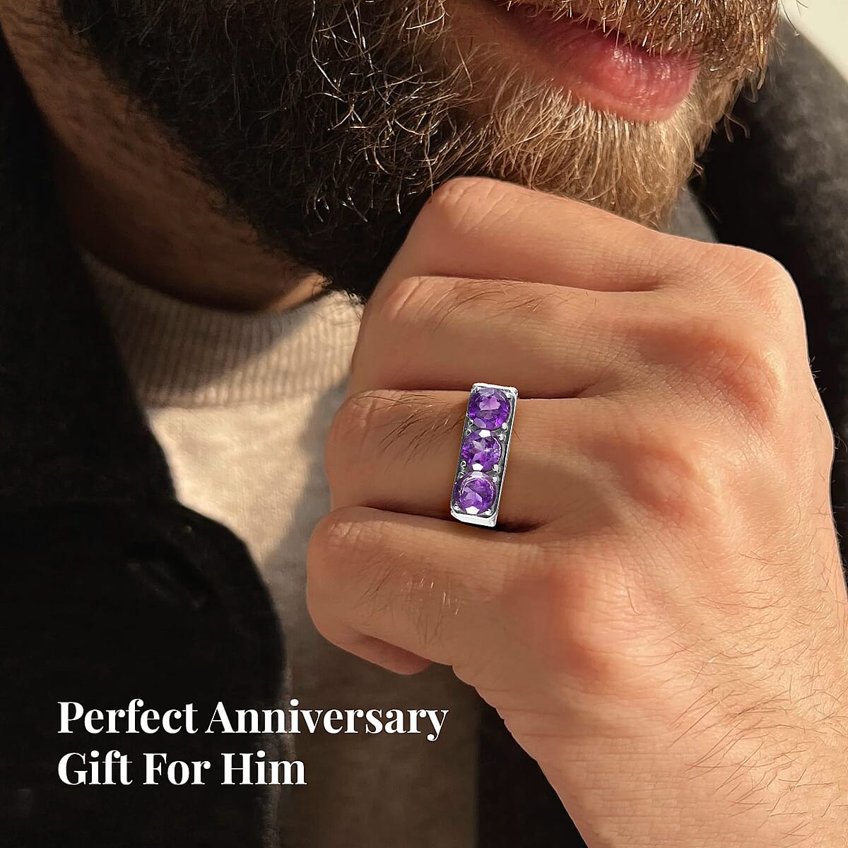 African Amethyst 3 Stone Men's Ring in Stainless Steel (Size 9.0) 3.40 ctw image number 5