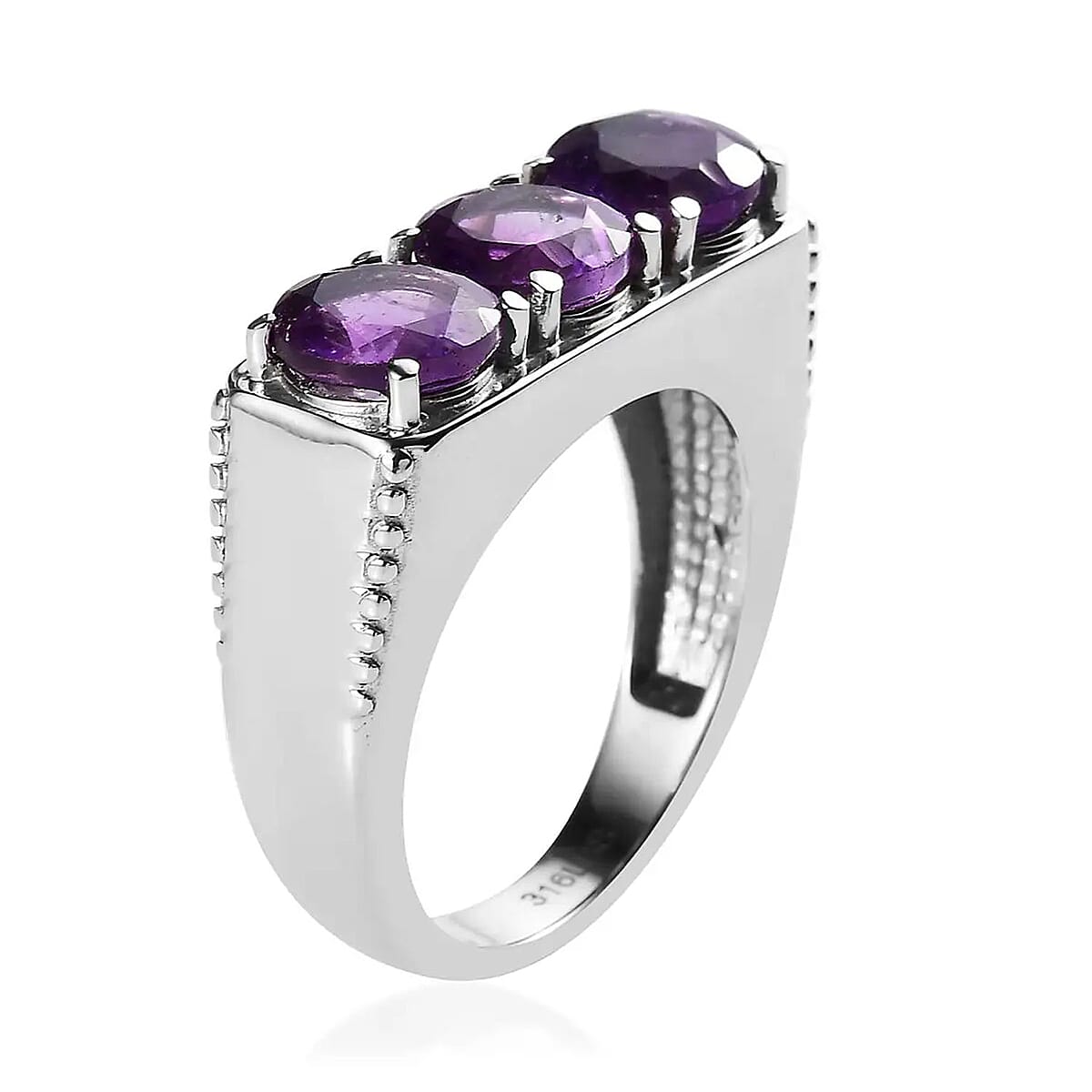African Amethyst 3 Stone Men's Ring in Stainless Steel (Size 9.0) 3.40 ctw image number 8