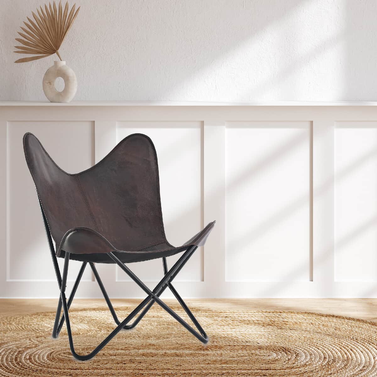 Doorbuster Dark Brown Butterfly Chair in Genuine Leather with Canvas Lining & Metal Frame image number 1